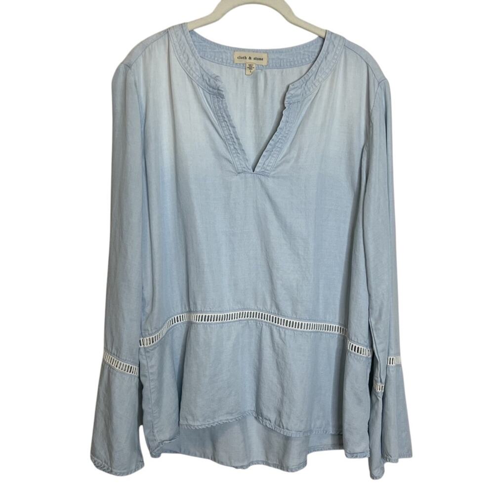 Cloth & Stone Chambray Tunic Top Ladder Trim Bell Sleeve Blue Size Large